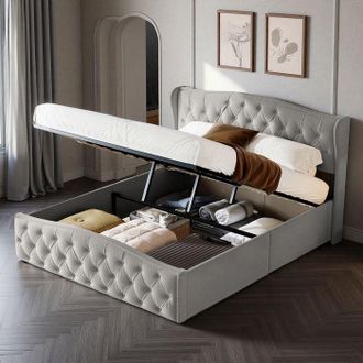 OEM Cama 160x200 Cm - 240626sm - Decoraci&oacute;n De Remaches - Hidr&aacute;ulica - Terciopelo - Marco De Cama Para Adultos 160x200 Cm - Gris