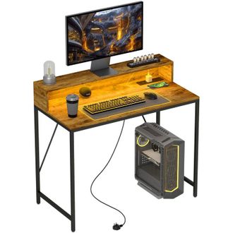 HOMCOM Homcom - Computer Desk with led Lights, Study Table with Shelf, Rustic Brown