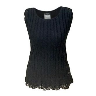 Chanel Black Ribbed Knit Sleeveless Lace-Trimmed Top Size S