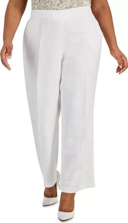 Kasper Womens Kasper Pants White Linen Stretch Straight Leg Elastic Waist FTS1191