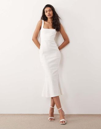 Vesper Vestito midi bianco in bengalina senza maniche con scollo squadrato e fondo a sirena