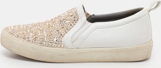Gina White/beige Leather And Satin Crystal Embellished Slip On Sneakers