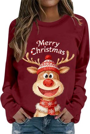 Generic Christmas Jumpers For Women Red Casual Womens Oversized Sweatshirt Long Sleeve 2D Print Comfortable Xmas Jumper Sparkly Tops Womens Christmas Sweaters