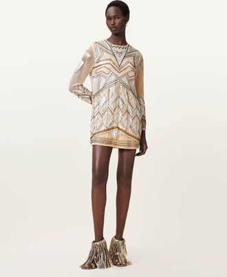 AllSaints Polyester Noushka Embellished Mini Dress, Size: UK 14/US 10