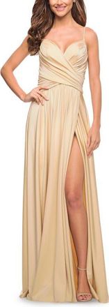 La Femme Elegant Criss-Cross Ruched Bodice Jersey Dress in Light Gold at Nordstrom, Size 10