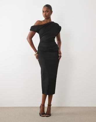 Asos Vestito midi asimmetrico con spalle scoperte in tessuto stile scuba nero