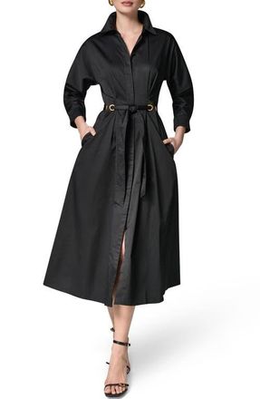DKNY Drawstring Waist Stretch Cotton Midi Shirtdress in Black at Nordstrom, Size 14