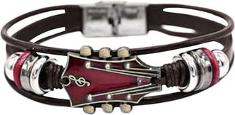 Generic Retro Faux Leather Guitar Bracelet Unique Wristband With Stainless Steel Clasp Rock Ideal Music Enthusiast Accessory For Men Women Jewelry Set (Red, O