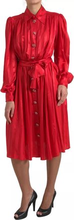 Dolce & Gabbana Red Button Down Belted Midi Satin Silk Womens Dress