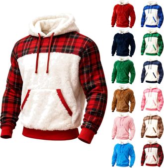 Generic personalised hoodies for men Mens Fluffy Hoodies 2025 Plaid Christmas Teddy Fleece Sherpa Hooded Sweatshirts Trendy Long Sleeve Checked Color Block Wa