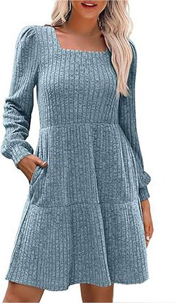 Generic Jumper Dress for Women UK Clearance Long Sleeve Square Neck Winter Dress Casual Loose Plain Knitted Swing Dress Elegant Pullover Sweater Dress Ladies 