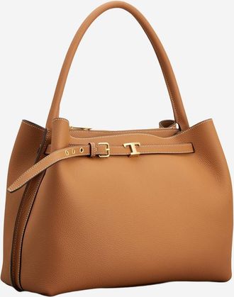 Tod's Womens Leather Handbag With Logo Brown Calfskin Handbags Hand Bags