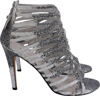 Stuart Weitzman Loops Strappy Sandals in Grey Python-Embossed Leather