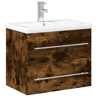 Berkfield Home Bathroom Sink Cabinet with Built-in Basin Smoked Oak in Brown