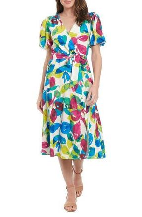 London Times Floral Puff Sleeve Midi Dress in Cream/Berry at Nordstrom Rack, Size 10