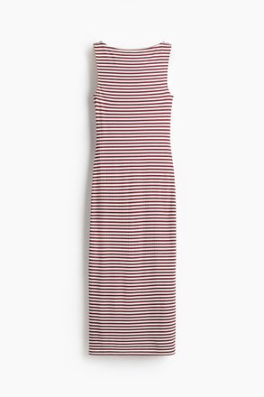 H&M Geripptes Jerseykleid in Midil&auml;nge - Dunkelrot/Weiss Gestreift