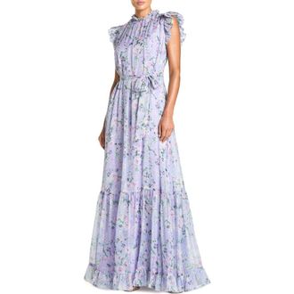Mac Duggal Belted Floral Chiffon Ruffle Sleeve Gown in Orchid Multi at Nordstrom, Size 12