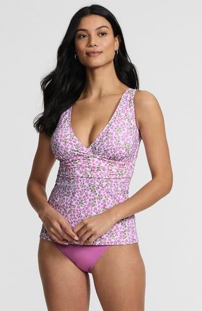 Lands End Chlorine Resistant Plunge X-Back Tankini Swimsuit Top in Pink Mini Bloom Floral at Nordstrom, Size X-Small