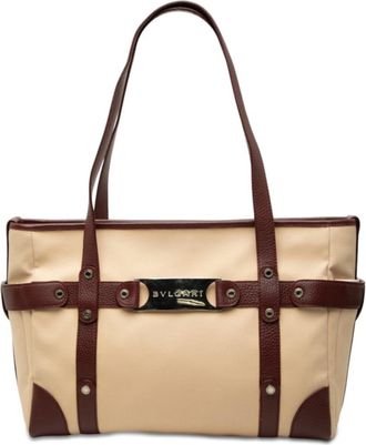 Bulgari Beige Red Color Wine Canvas Leather Shoulder Bag Tote Bag (Pre-Owned)
