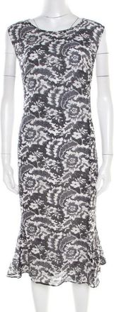 Escada Monochrome Lace Printed Silk Sleeveless Flounce Midi Dress