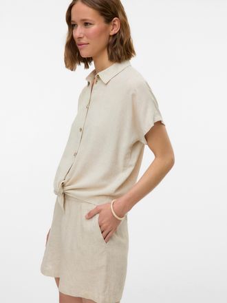 Vero Moda Kurzarmbluse VERO MODA VMTHEA SS TIE SHIRT WVN NOOS, Damen, Gr. XS, weiss (moonbeam detail:melange), Web, Obermaterial: 70% Viskose, 30% Leinen, melie