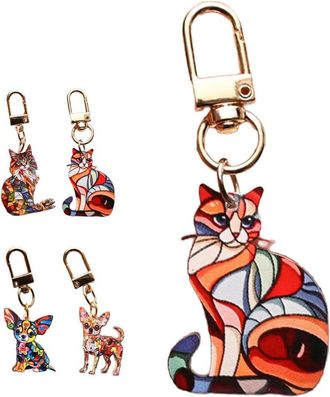 Generic Cats & Dogs Stained Art Keychain, Colorful Geometric Mosaic Glass Spliced Keychain, Baroque Pet Bags/Purse Charms (Short Hair Cat)