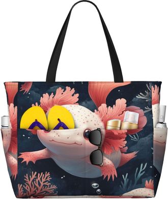 Generic Cute Axolotl Print Large Beach Bag Foldable Travel Shoulder Tote Bag With Pocket For Weekender Pool Vacation