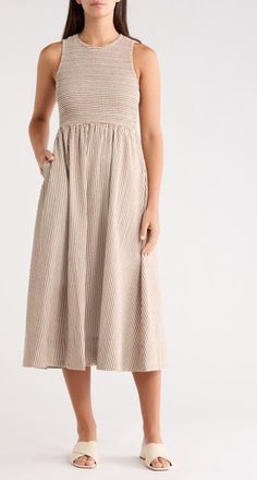 Marine Layer Darcy Stripe Cotton Blend Seersucker Dress in Mocha Stripe at Nordstrom, Size X-Large