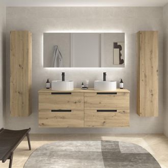 Cygnus Bath Mueble De Ba&ntilde;o Leni 120cm Roble 4 Cajones Lavabo Sobre Encimera 2 Pozas Porcelana
