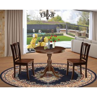 East West Furniture AMDL3-MAH-W - 3-Pc Dining Room Table Set- 2 Modern Dining Chairs and Wooden Dining Room Table - Wooden Seat and Slatted Chair Back - Mahogany Finish