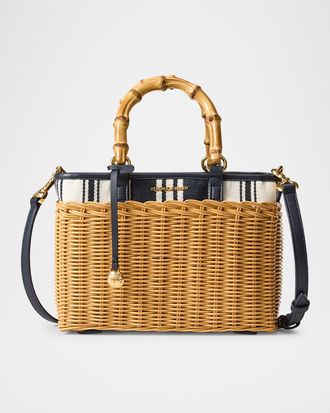 Veronica Beard Woven Wicker Crossbody Bag with Striped Canvas