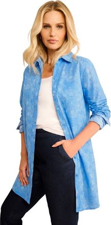 Roaman's Kate Long-Sleeve Crisp Cotton-Blend Button-Front Tunic in Blue Dot Medallion at Nordstrom, Size 28