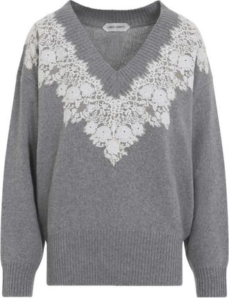 Alberta Ferretti Grey Lace V Neck Sweater