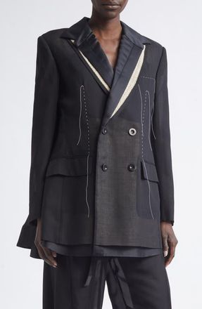 sacai Mixed Media Suiting & Organza Jacket with Bib Inset in Black at Nordstrom, Size 1