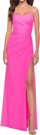 La Femme Side-Slit Backless Long Dress In Neon Pink