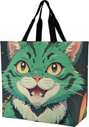 Generic Anime Green Cat Grocery Bag Waterproof Handbag Eco Friendly Shoulder Bags For Yoga Casual Picnic