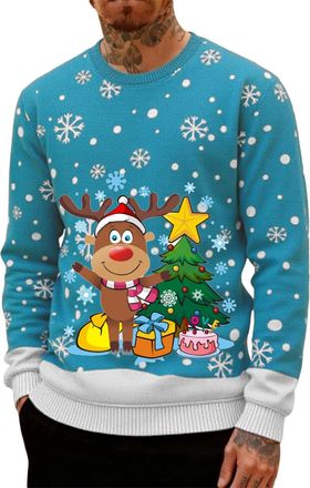 Generic Christmas Jumpers for Men UK Funny Ugly Reindeer Print 3D Graphic Tops Oversized Novelty Xmas Sweatshirt Crew Neck Long Sleeve Pullover Sweater Mens H