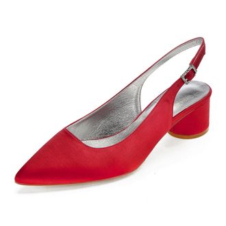 Generic Wedding Bridal Shoes Women Chunky Block Satin Low Heels Pointed Toe Slingback Evening Party Prom Office Shoes 4.5Cm,red,8 UK