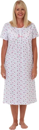 Marlon Womens Maria 100% Cotton Jersey Nightdress - Soft, Breathable Nightwear with Short Sleeves & Short Button Placket, Pink, 8-10