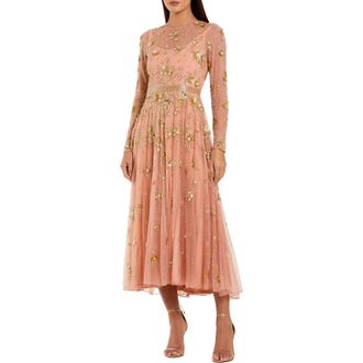 Mac Duggal Beige Beaded Long Sleeve A Line Midi Dress in Peach at Nordstrom, Size 16