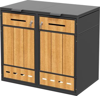 STILVORA Armario Para Cubos De Basura Doble Con Cerradura En Acero, Tapa Abatible, Puertas Efecto Madera, Gris, 120-240 L