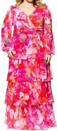 Xscape Norene Print Chiffon Long Sleeve Ruffle Floor Length Dress - Plus In Pink Multi