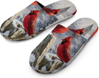 Generic Cardinal Perched On Fence Winter Snowy Mens House Slippers Slip Indoor Slipper On Shoes Warm Outdoor