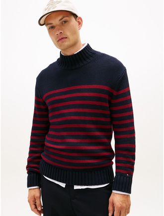 Tommy Hilfiger Mens Relaxed Breton Stripe Mockneck Sweater - Navy - XL