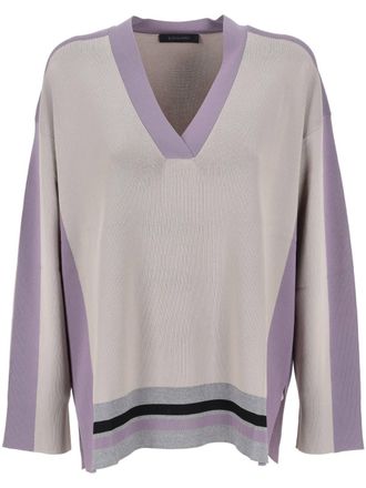 Elena Miro Loose-Fitting V-Neck Top with Lilac Panels and Striped Accents