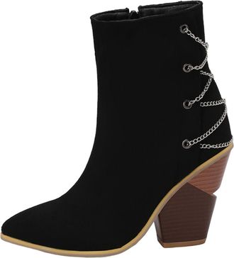 Generic Winter Womens Fashion Ankle Boots with Metal and Colour Block Design Comfortable Chunky Heel Mid Calf Pointed Toe Large Size Footwear (Black, 6)