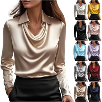 Generic Womens Party Tops Satin Silk Blouses for Women UK Elegant Cowl Neck Long Sleeve Shirts Trendy Solid Color Tunic Blouse Casual Ruched Front Draped Tops