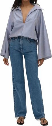 Faithfull The Brand Gaia V Neck Top In Helle Stripe Vintage Navy