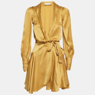 Zimmermann Gold Silk Wrap Ruffle Mini Dress