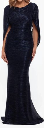 Betsy & Adam Long Metallic Crinkle Cowl Neck Back Dress In Navy/royal